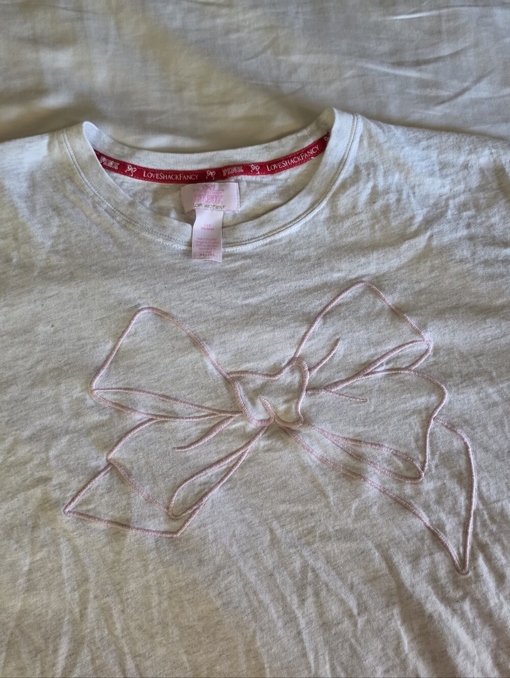 LoveShackFancy White Tee with Pink Victorias Secret Bow Outline